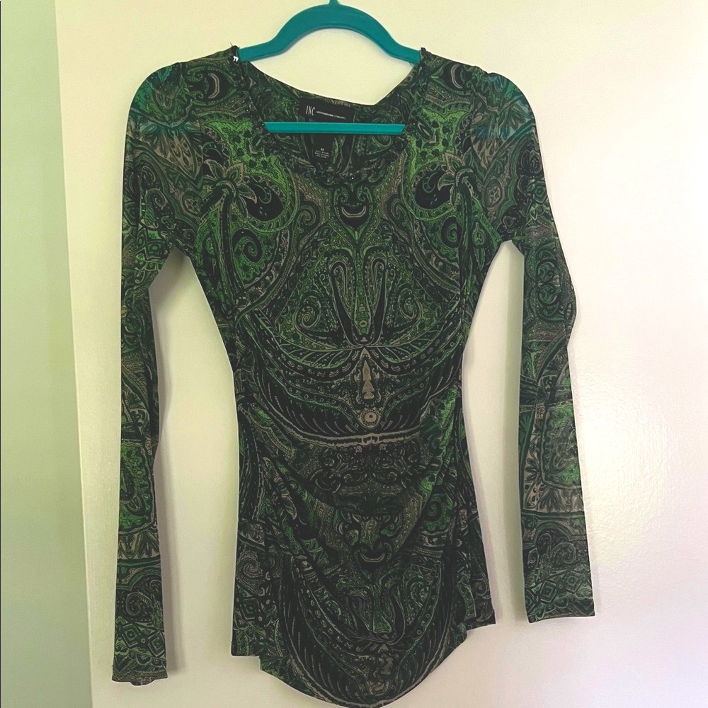 INC International Concepts Green Paisley Long Sleeve Top